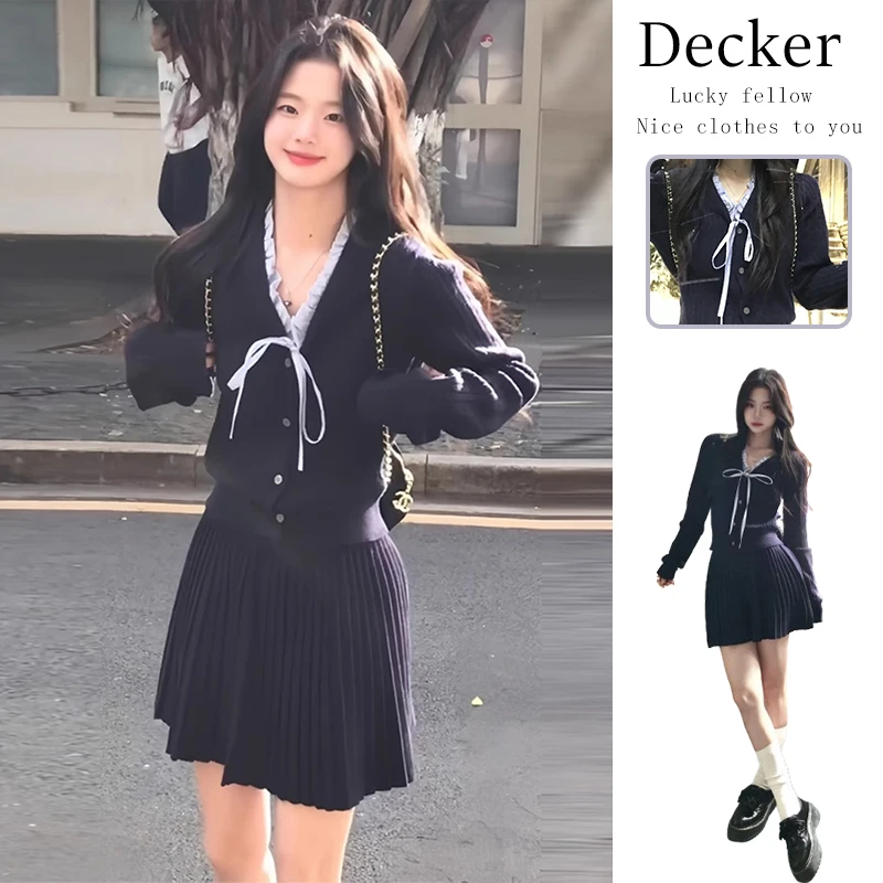 冬季搭配一整套2024新款时尚韩系学院风针织开衫百褶半身裙两件套