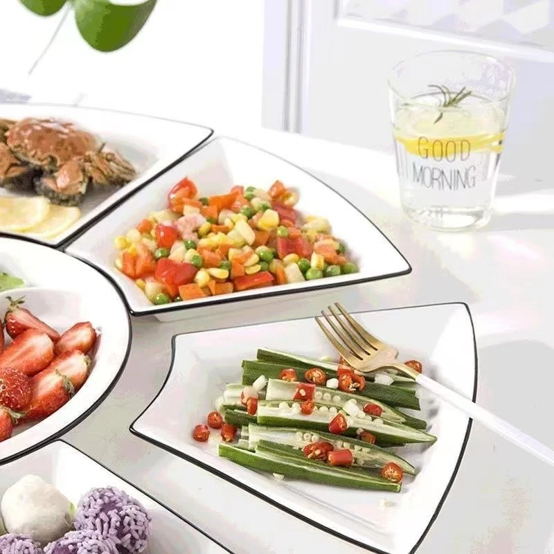 高级感陶瓷拼盘餐具套装高颜值纯色黑边仪式感酒店摆盘家用扇形盘