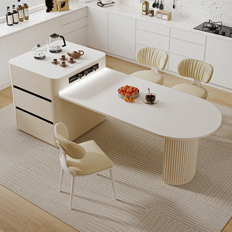 奶油风岛台餐桌一体家用可伸缩岩板半圆白色中岛台小户型法式轻奢