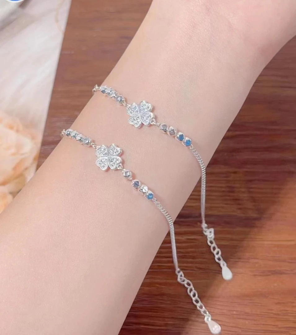足银合成锆石手链 四叶草碎银足银990手链百搭时尚清新甜美