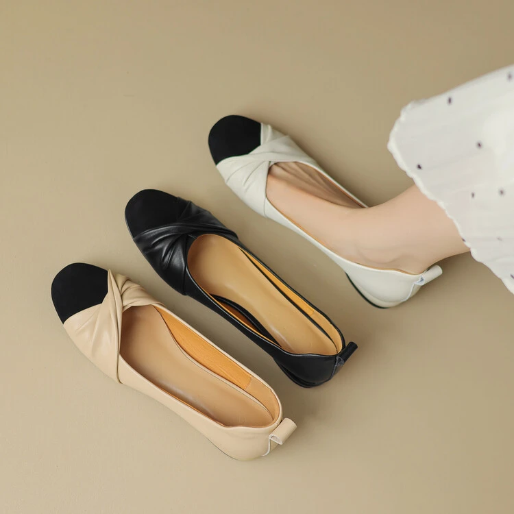 牛皮/2.5cm/牛皮真皮浅口单鞋平底鞋小香风软底大码女时装鞋粗跟