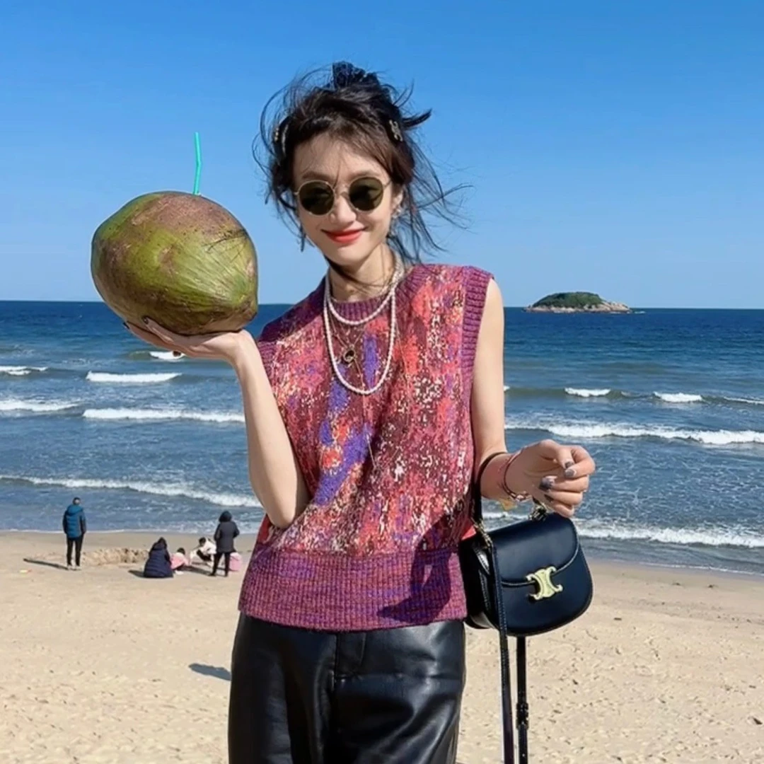 无袖圆领针织背心女 羊毛减龄显瘦百搭休闲单穿花马甲印花 马海毛