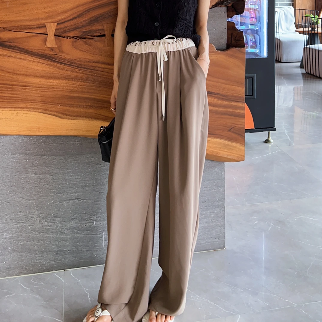 夏季字母腰松紧腰垂感裤子直筒休闲显瘦凉凉裤薄款