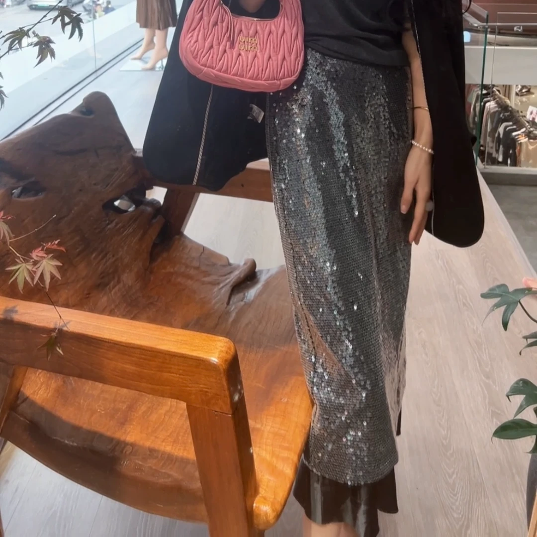 【原创设计重工亮片半身裙】高级感气质修身显瘦后开叉拼接直筒裙