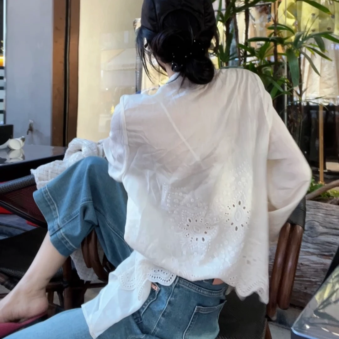 25早春新款原创设计不规则衬衣 镂空刺绣衬衫百搭夏季