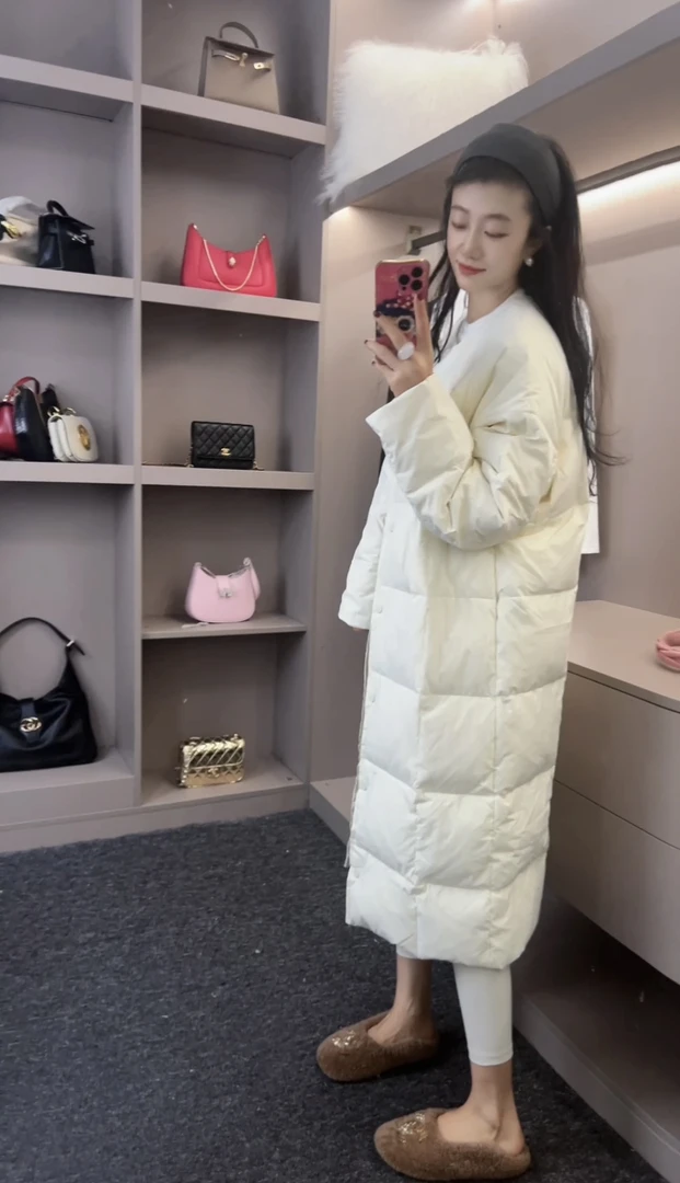 中长款棉羽外套杏色休闲宽松韩版保暖戴帽外套