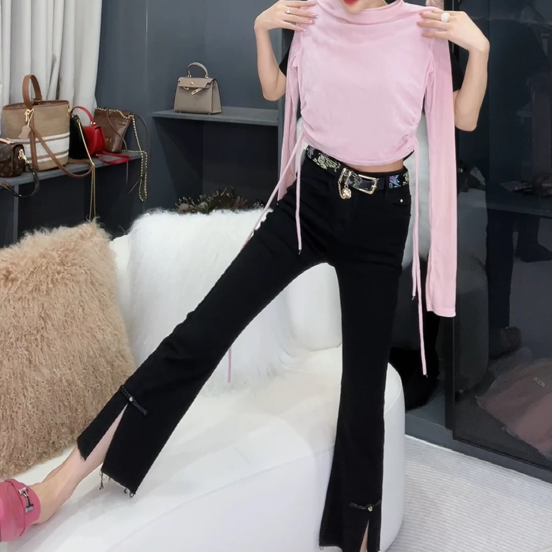 新中式开叉黑色喇叭裤 薄款春夏九分显瘦设计感百搭喇叭牛仔裤