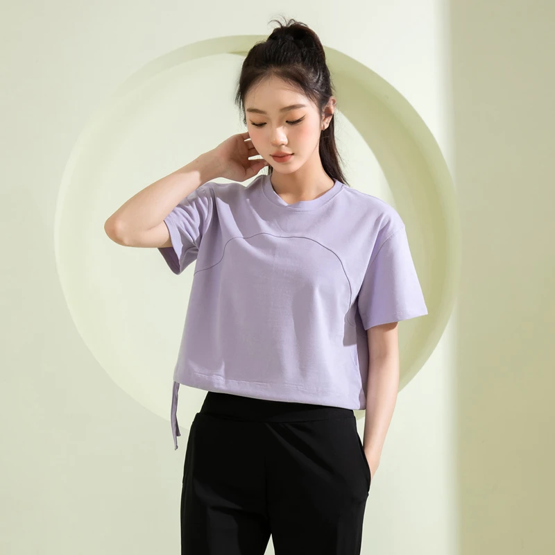 夏季新款女士纯色下摆抽绳圆领时尚休闲短袖运动跑步瑜伽半袖T恤