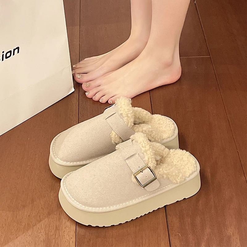 厚底包头毛毛半拖鞋女勃肯鞋2024新款冬季加绒保暖博肯雪地靴棉鞋