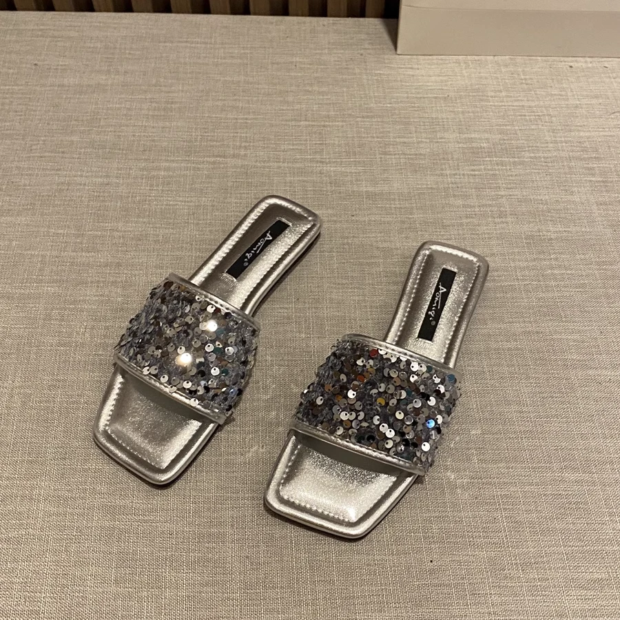 2025新款夏一字拖鞋女夏时尚外穿气质黑色优雅水钻粗跟方头凉拖鞋