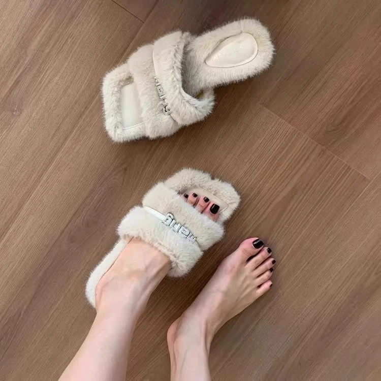 欧美风羊羔毛外穿拖鞋女2025秋季方头中跟露趾毛毛鞋粗跟高跟凉拖