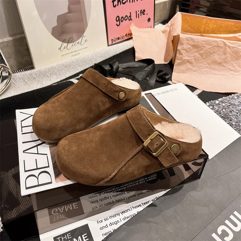 2025新款包头博肯拖鞋一脚蹬羊糕毛鞋磨砂皮复古皮带扣两穿鞋托女