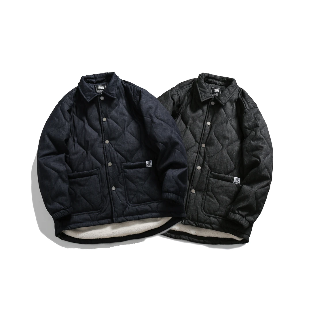 衣服反季买，别墅靠大海0217 牛仔葫芦型绗绣松翻领冬季暖加绒棉衣