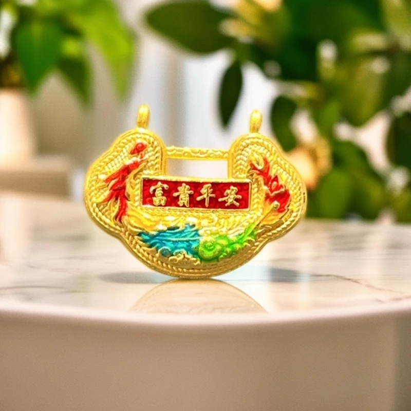 足金【硬足金国潮风如意吊坠】手工饰品宝宝时尚足金锁编绳精美金锁