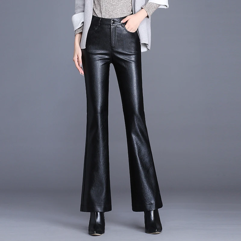 加绒微喇皮裤女秋冬2025新款高腰垂感修身显瘦外穿皮喇叭长裤女