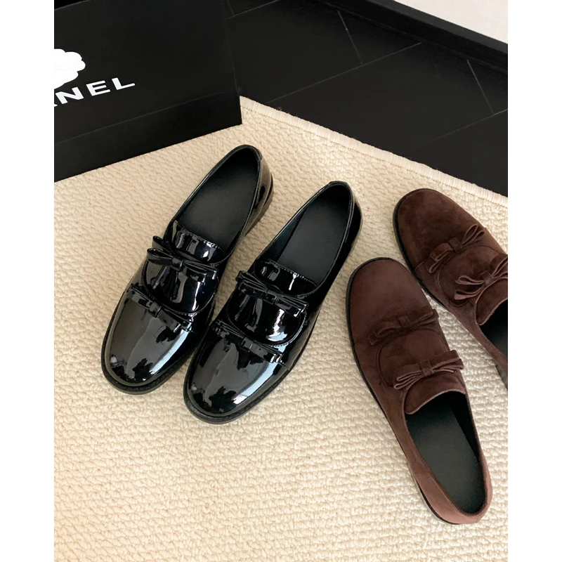 跟高2.5CM/蝴蝶结一脚蹬单鞋女复古圆头百搭平底真皮英伦风乐福鞋