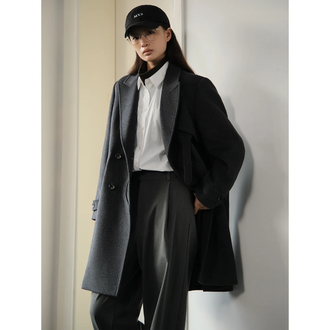 knighttom冬装戗驳领搭片羊毛大衣女小个子中长款毛呢外套4340