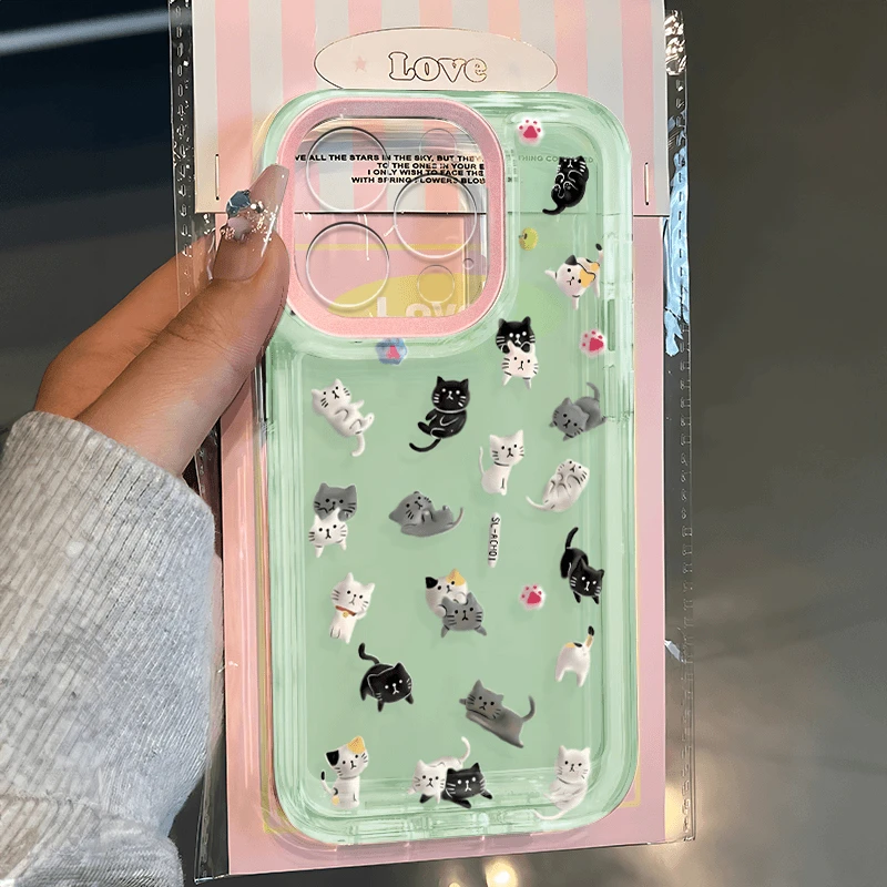 薄荷绿猫咪ins风适用苹果13/14/15pro华为小米vivo全包透明手机壳
