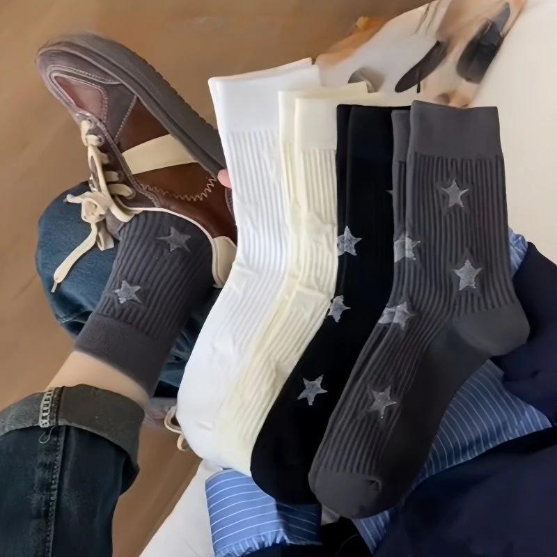 春夏季格蕾系灰色中筒袜女士韩系星星潮袜高级灰色五角星长筒袜子