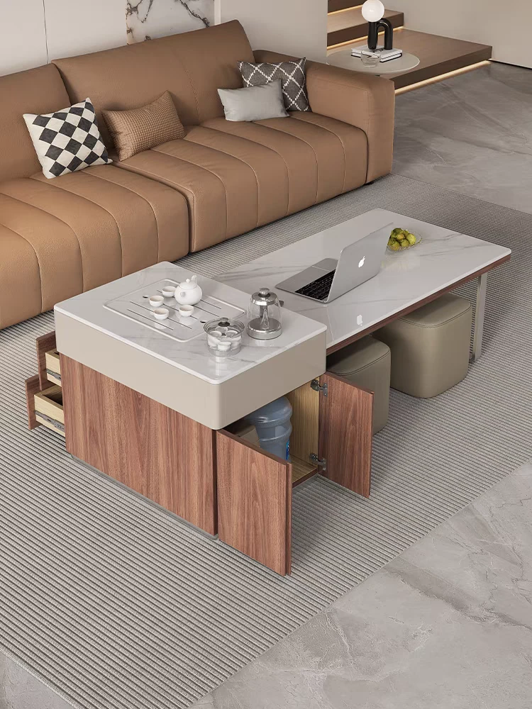 岛台茶几可伸缩客厅家用小户型岩板复古轻奢微晶石带泡茶餐桌椅子