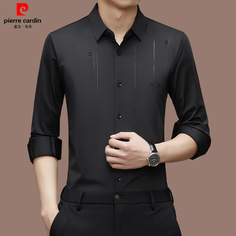【皮尔卡丹品牌】高档桑蚕丝长袖衬衫男士轻奢休闲无痕衬衣春秋上衣