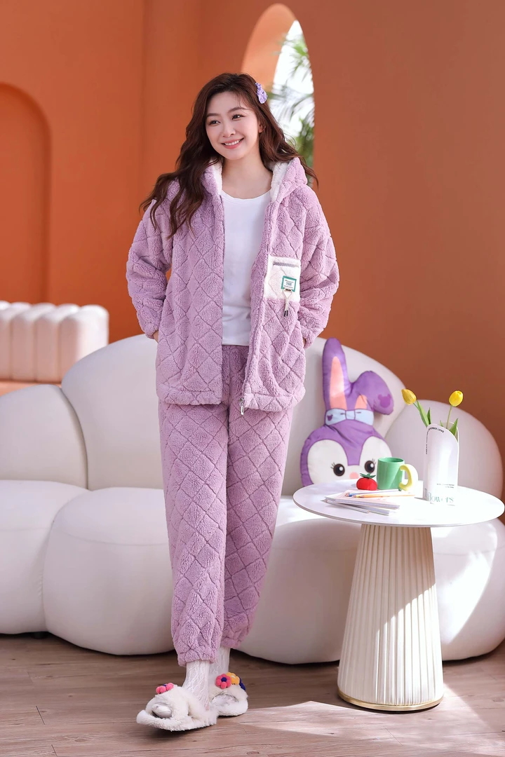 X珊瑚绒连帽韩版女冬季款加厚加绒可外穿保暖法兰绒家居服套装