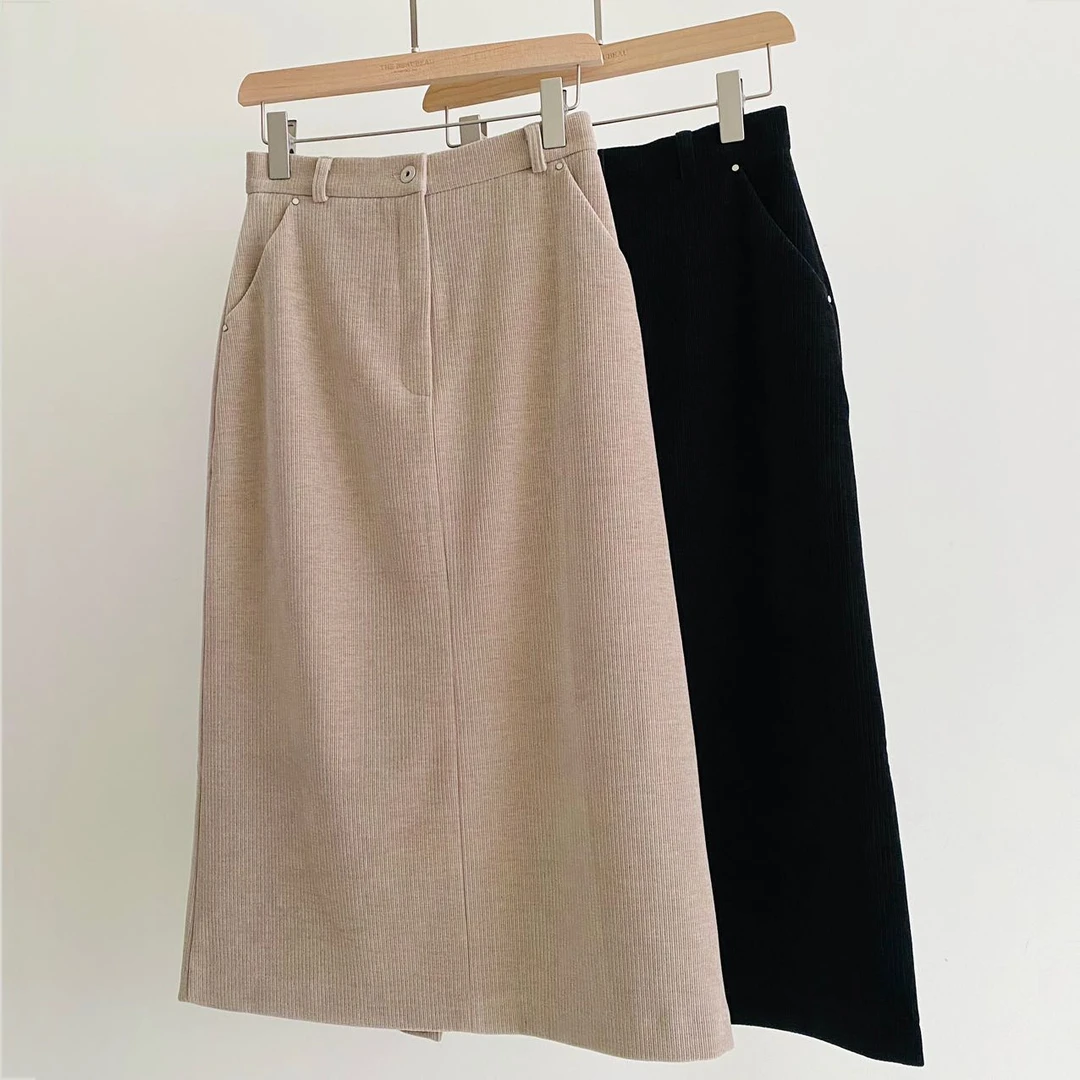 海莉灯芯绒后开叉半身裙（东大门款TBB1431）