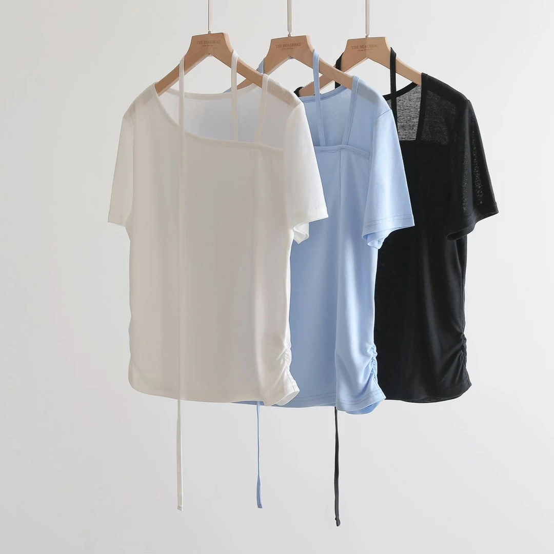 （布布款）菲丝斜领颈带短袖T恤TBB1289