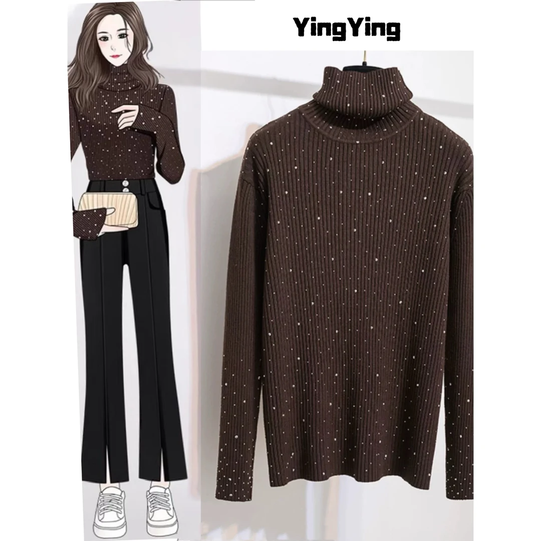 洋气时髦半高领针织衫打底毛衣女秋季新款大码显瘦亮片打底衫6110