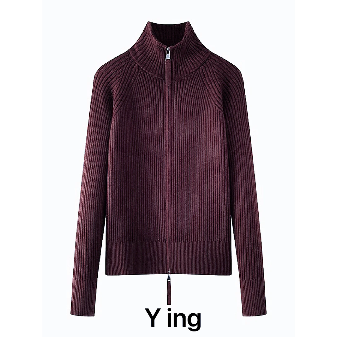 【紫气东来】双拉链显瘦新款休闲百搭高领拉链纯色坑条针织开衫毛衣