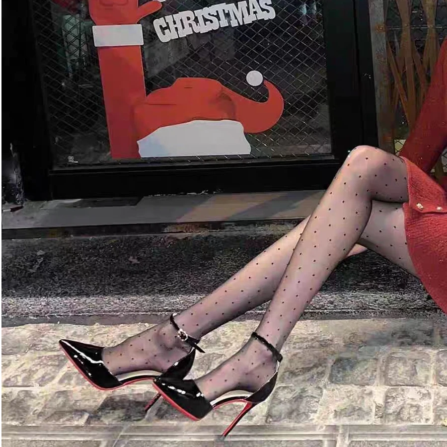 欧美高跟鞋尖头一字扣带中空单鞋女春秋黑色性感风细跟红底鞋