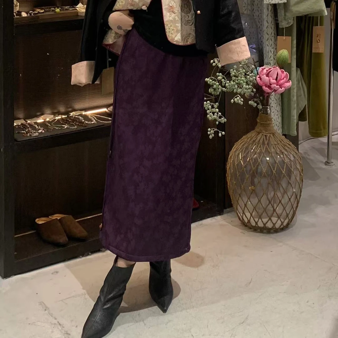 东方紫罗--新中式加绒流苏提花半裙国风秋冬保暖百搭半裙