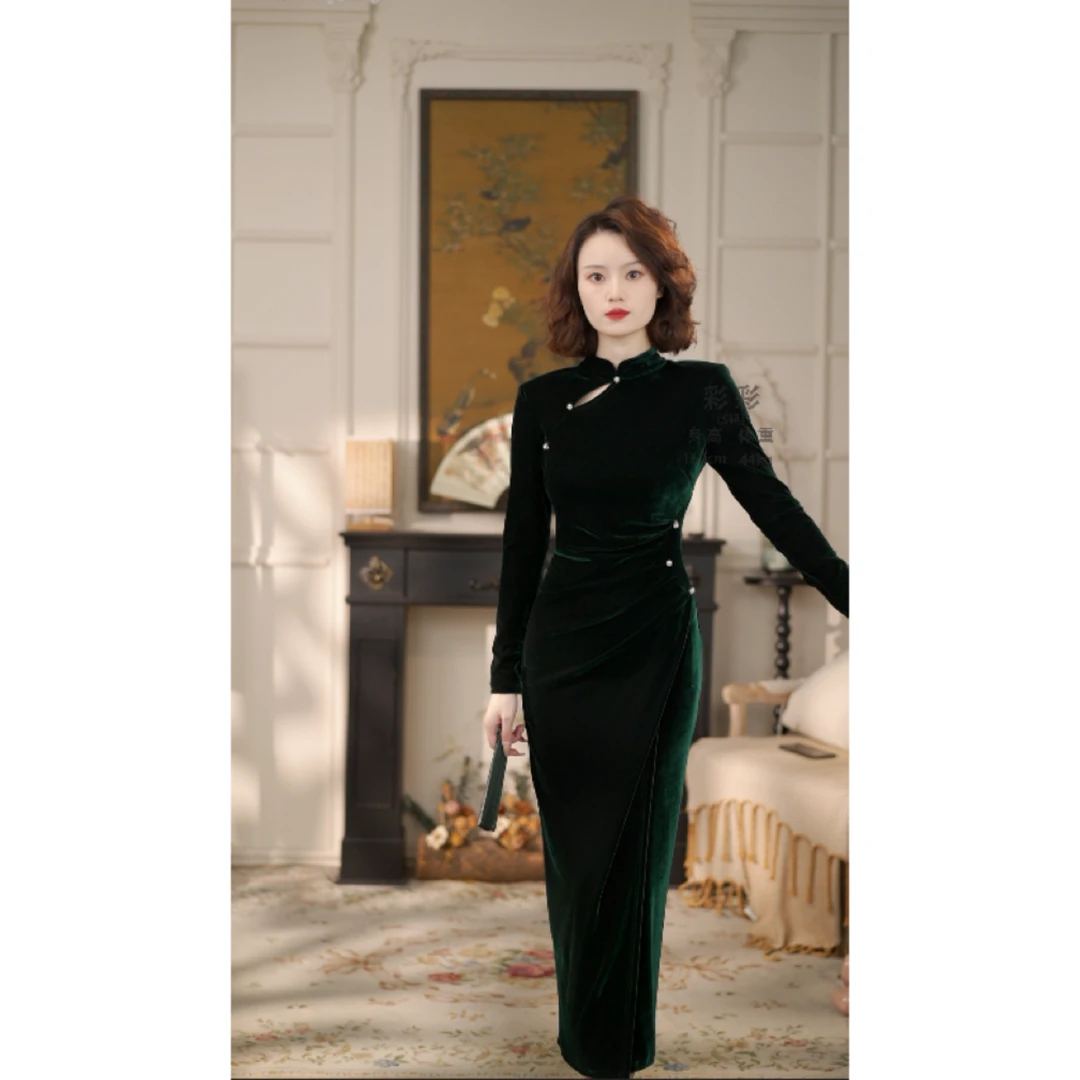 彩彩家【秋野浮华】秋冬新款收腰修身复古深海绿遮肉设计改良款旗袍