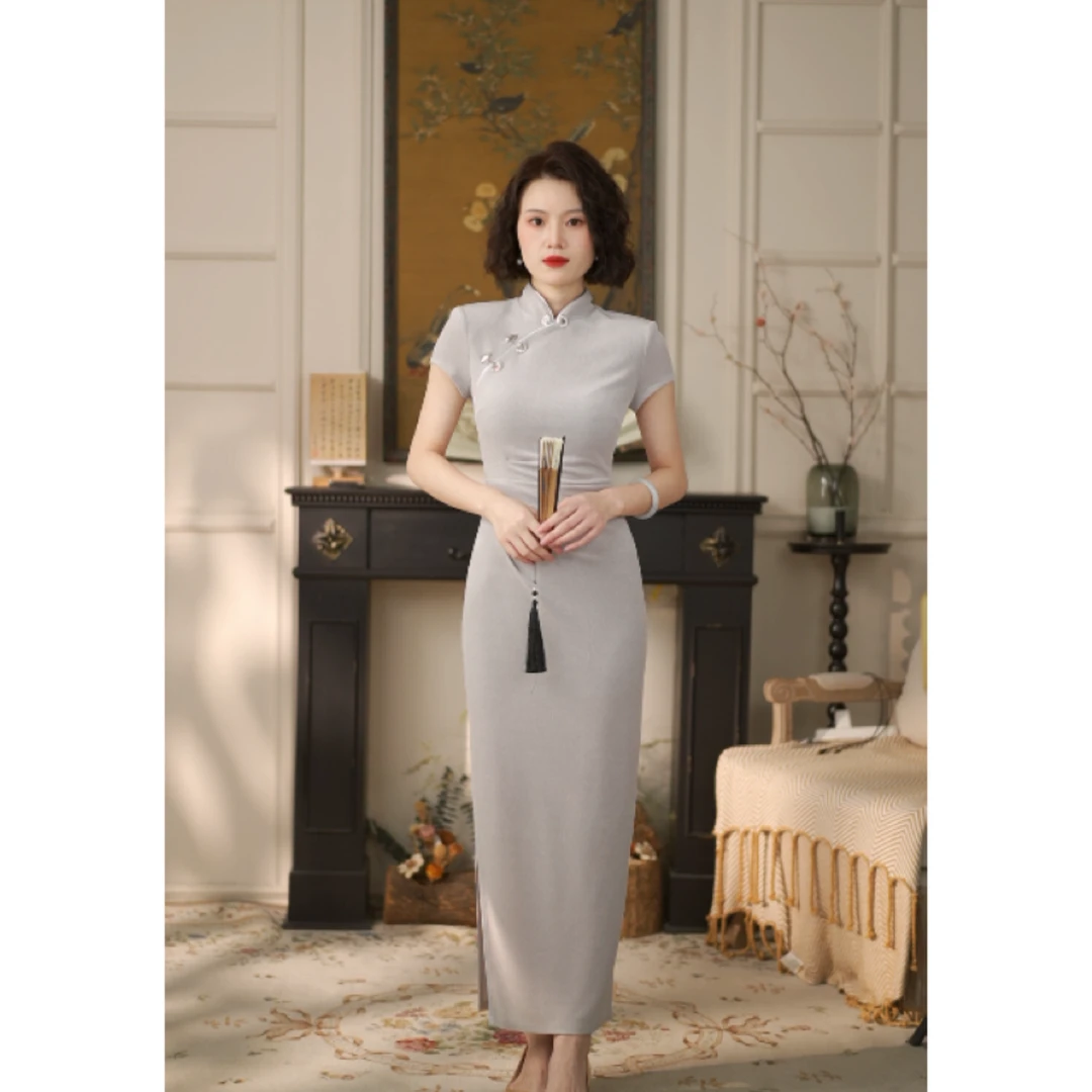 彩彩家【悦色美人】夏季气质优雅收腰修身复古长款设计师改良旗袍