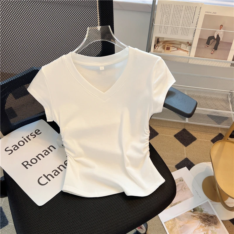 V领白色正肩短袖t恤女2024新款夏装设计感小众短款褶皱收腰上衣