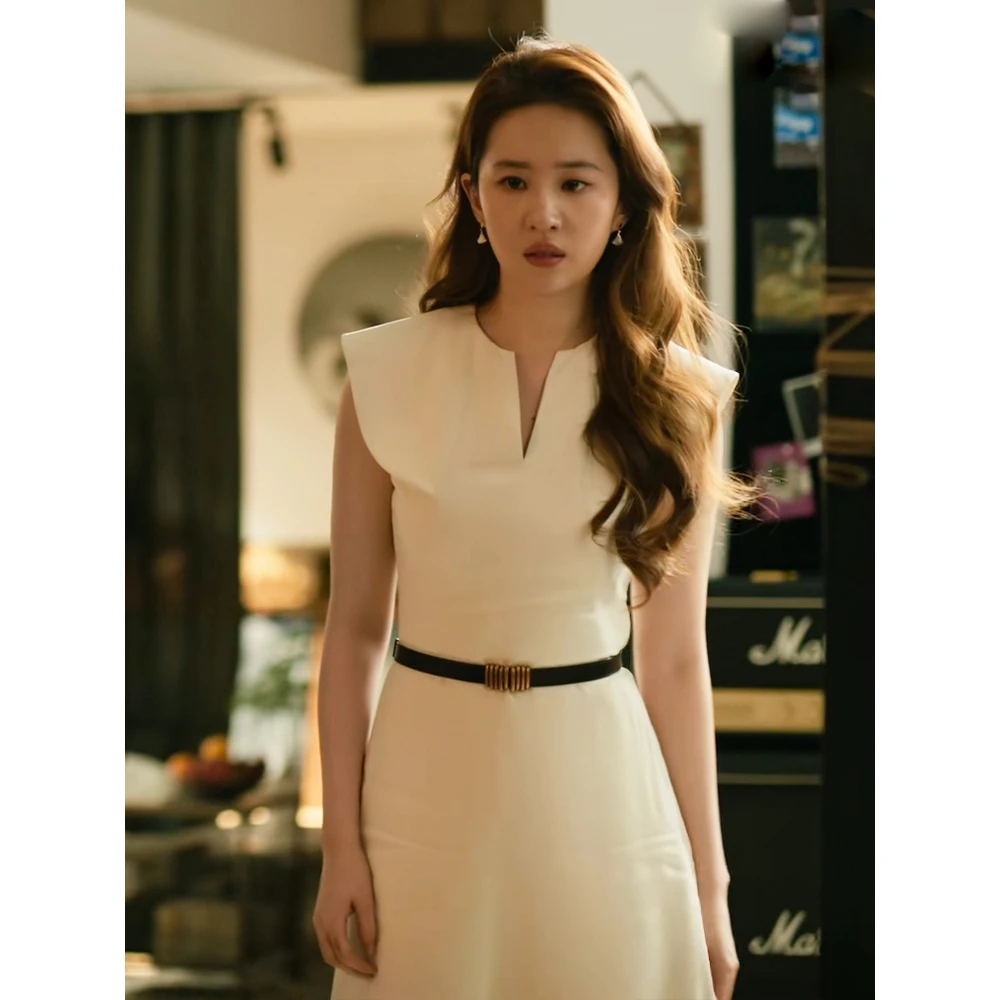 私服玫瑰的故事刘亦菲黄亦玫连衣裙女夏法式高级感白色无袖背心裙