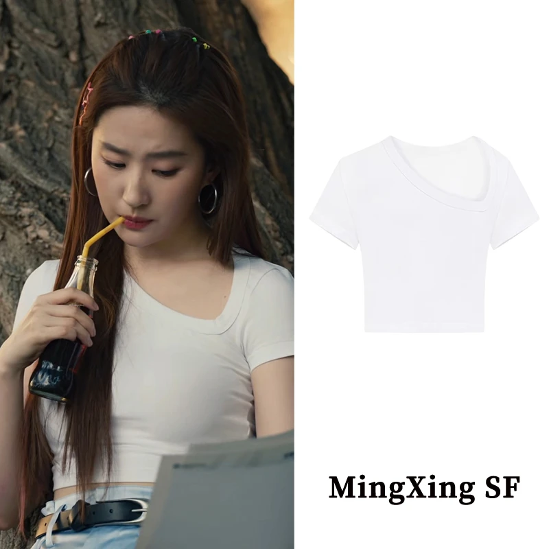 玫瑰的故事刘亦菲黄亦玫同款短袖t恤女夏2024设计感白色斜领上衣