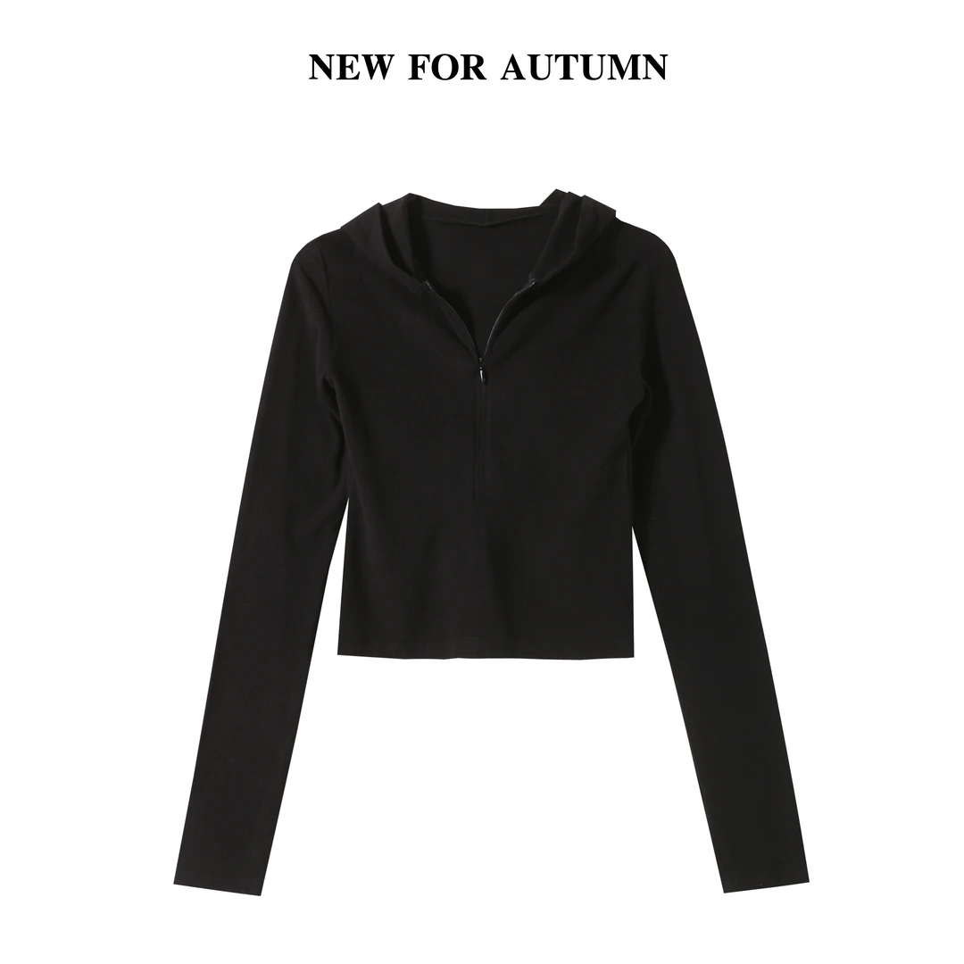 黑色拉链连帽带帽长袖针织开衫女秋装短款毛衣收腰显瘦上衣T22111