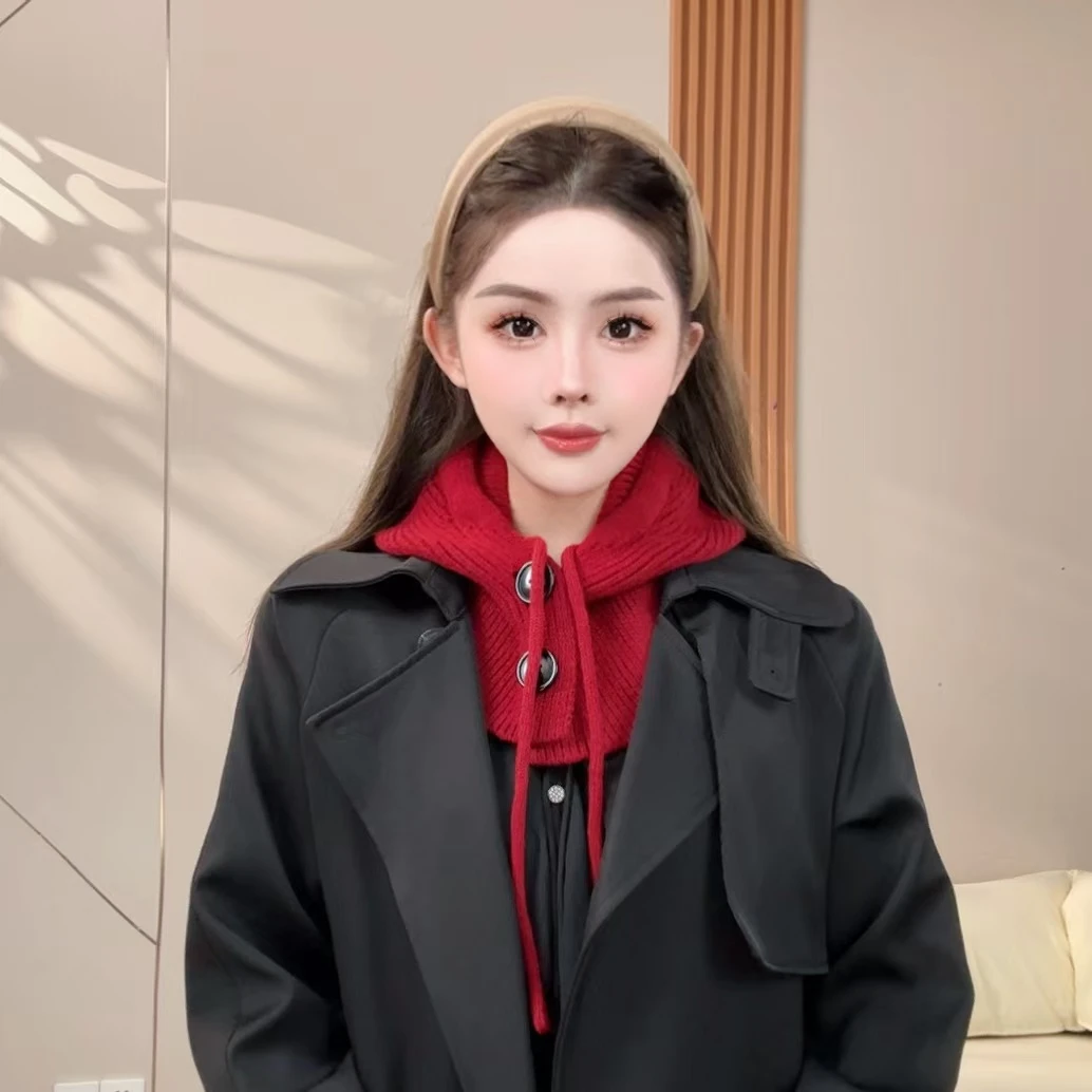 秋冬季小红帽拉法帽安哥拉红色帽子围脖一体围巾保暖柔软抽绳收口