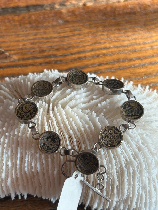 925银手链 尼泊尔纯手工银镶嵌铜錾刻吉祥八宝藏传藏饰中古手链