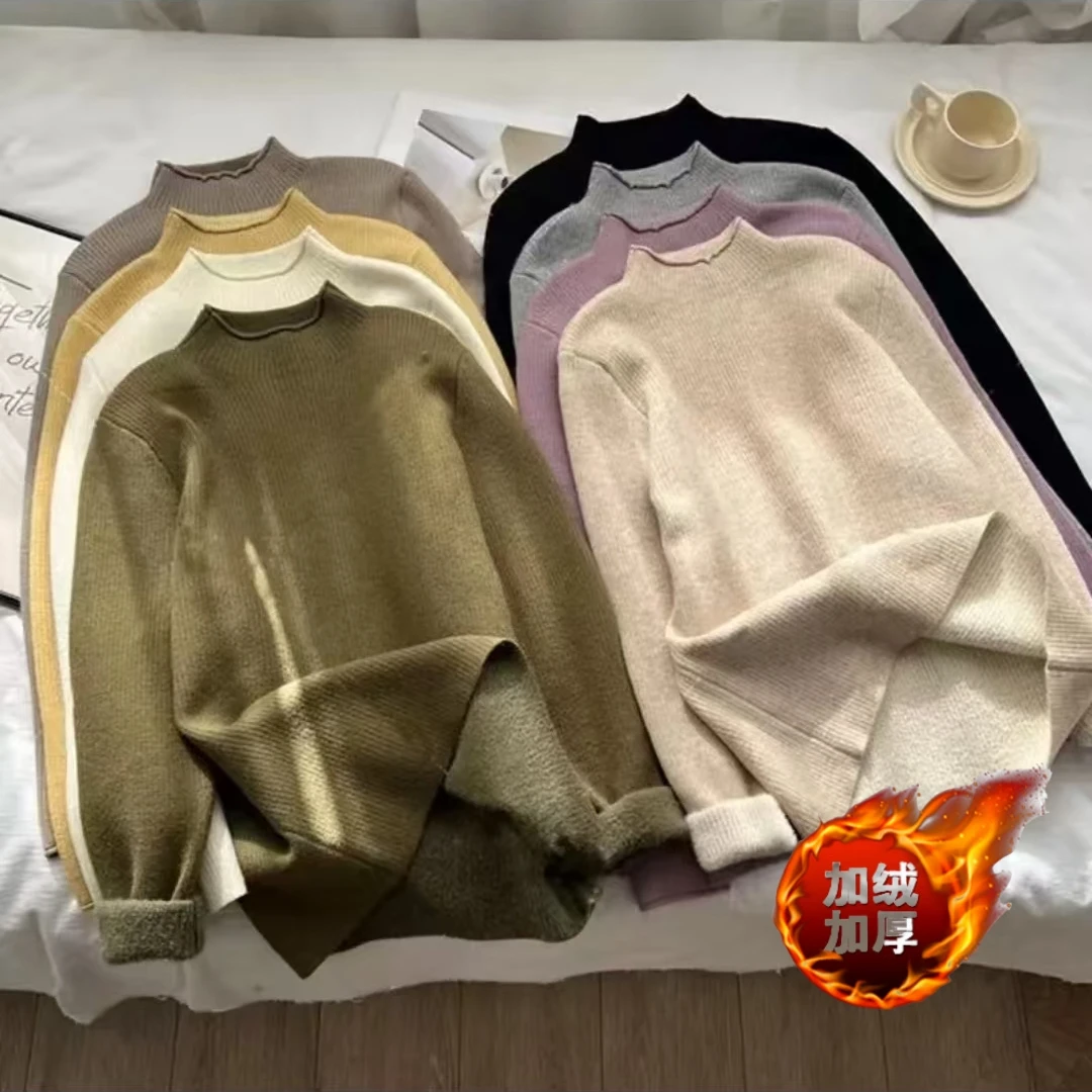 【万人回购】卷边加绒加厚竖坑条半高领毛衣女宽松休闲内搭针织衫