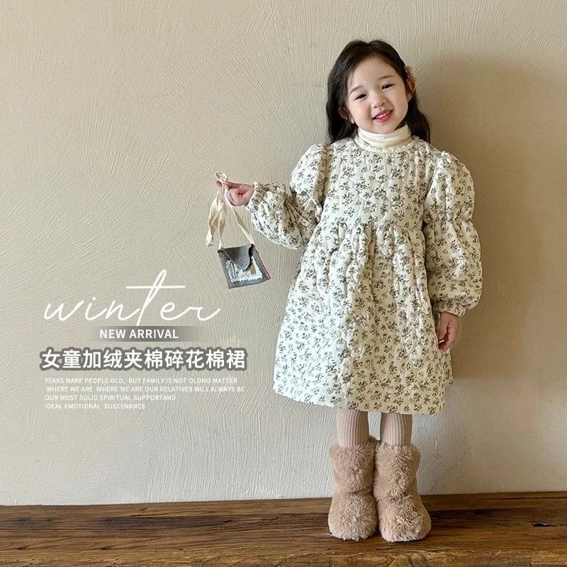女童碎花夹棉绗线棉裙秋冬新款韩版小清新加厚保暖连衣裙棉服外套