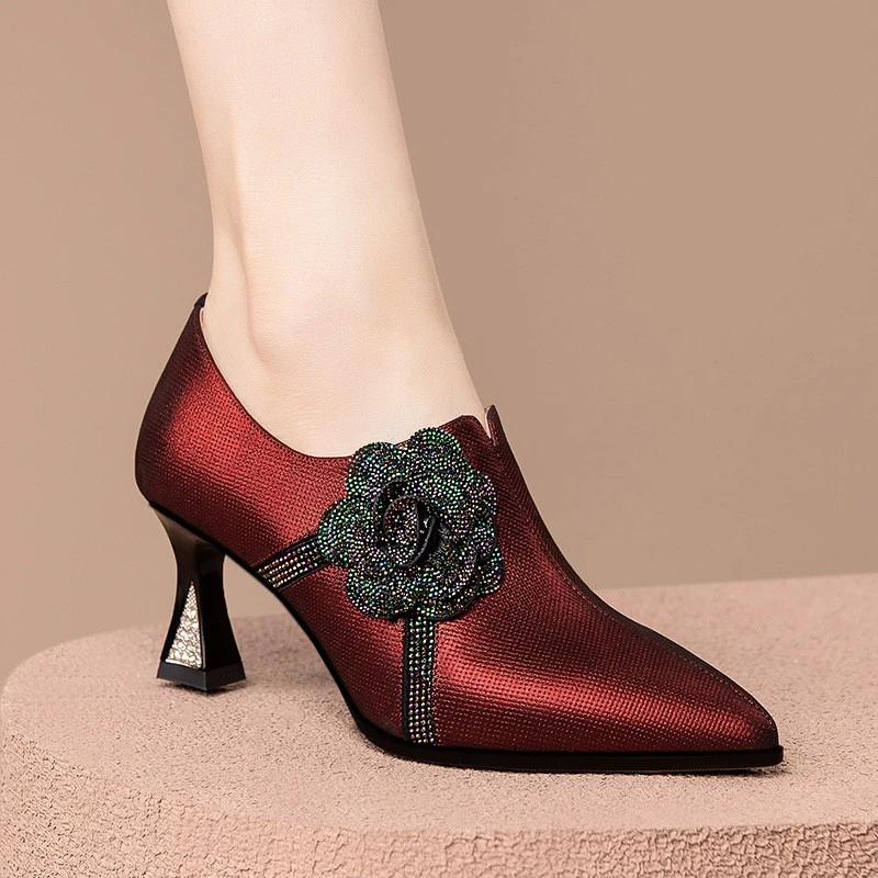 喜婆婆婚宴鞋子气质百搭酒红色高跟鞋粗跟本命年妈妈高端婚礼短靴
