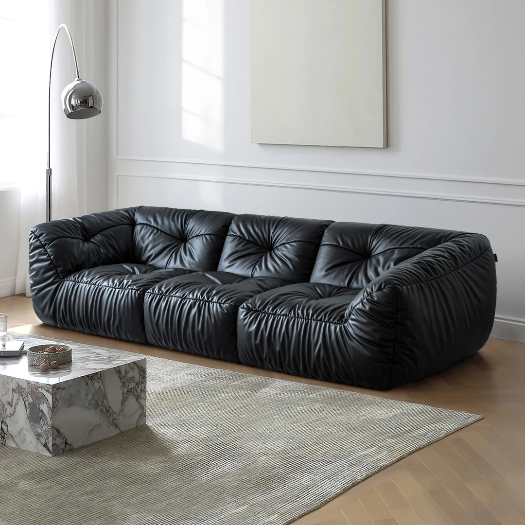 己家胖丁沙发真皮客厅极简复古设计师直排黑色皮艺沙发轻奢意式
