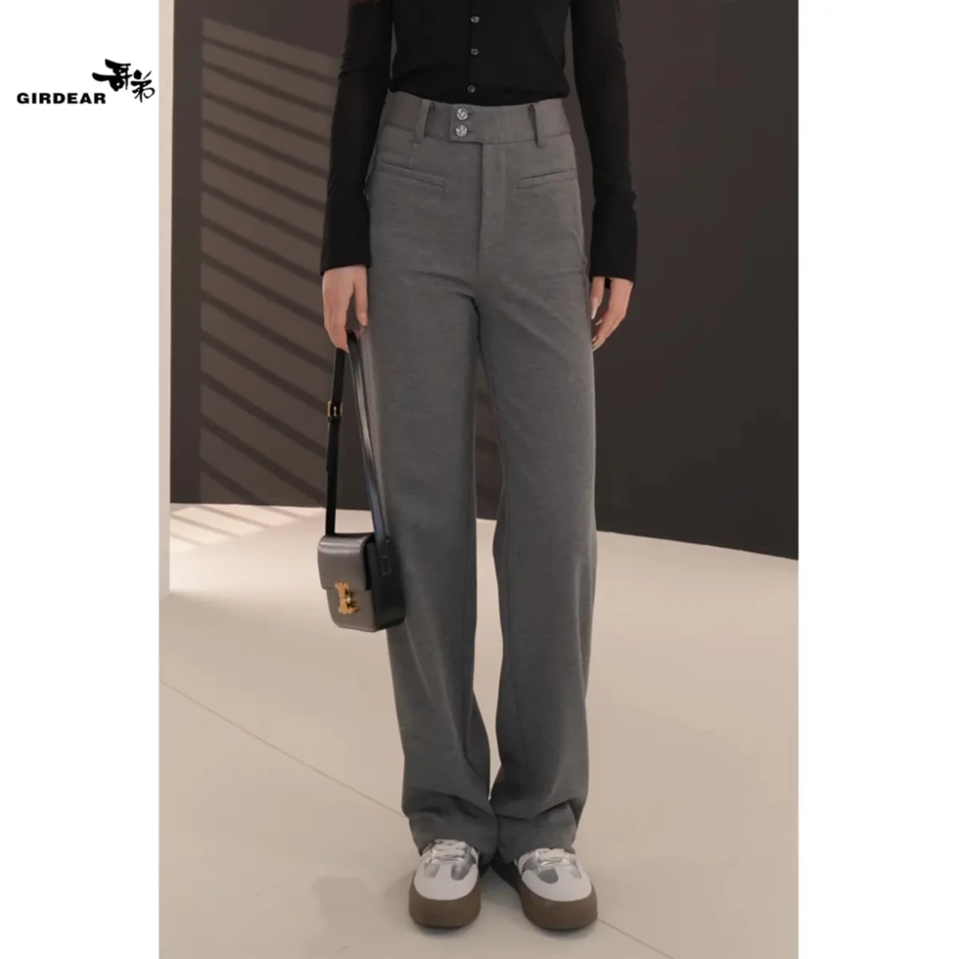 GIRDEAR/哥弟秋冬新款中高腰两粒扣磨毛保暖加绒直筒裤女1100469