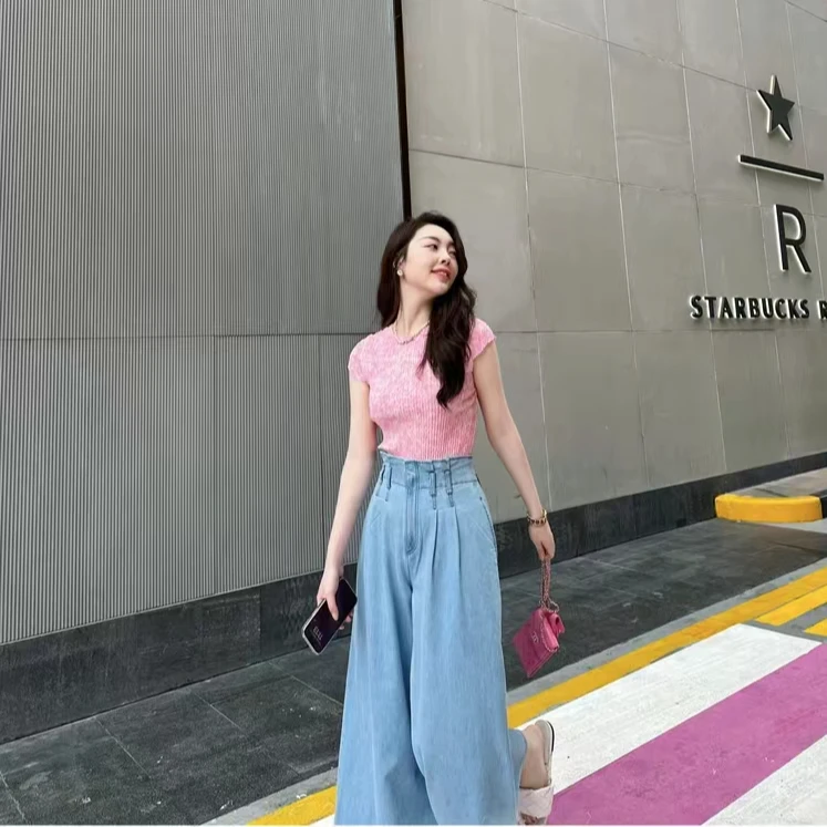 GIRDEAR/哥弟【冰泉蓝霜】设计感复古宽松显瘦高腰牛仔裤1100412