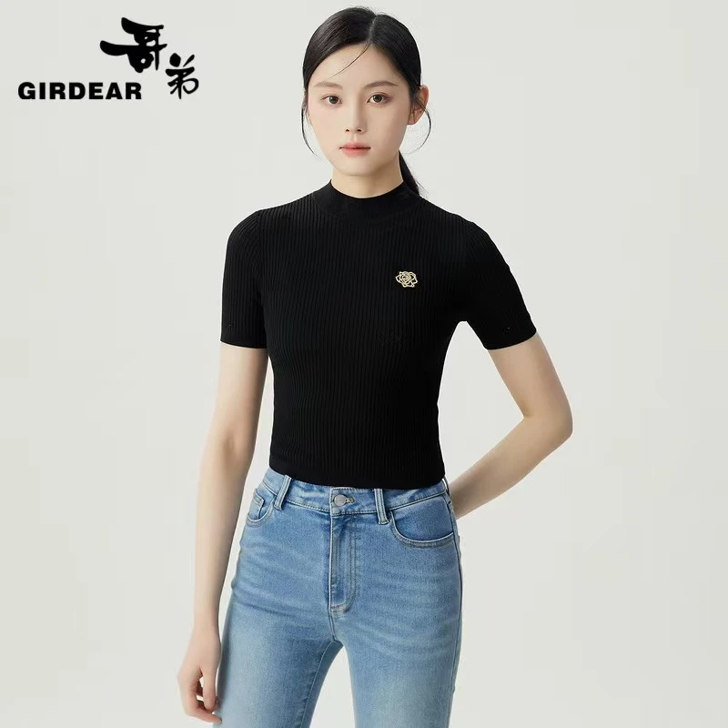 GIRDEAR/哥弟绽放系列修身烟管领竖坑条短袖套头针织衫1399715