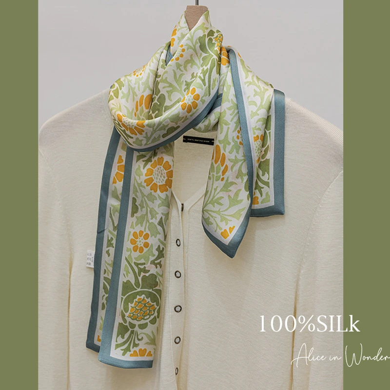 爱丽丝仙境绿~双面双层桑蚕丝丝巾长条围巾腰带发带绿色薄款礼物