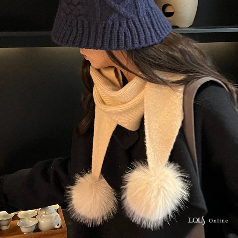 精灵尾巴!温柔日系减龄针织球球围巾三角巾女冬季纯色兔毛球礼物