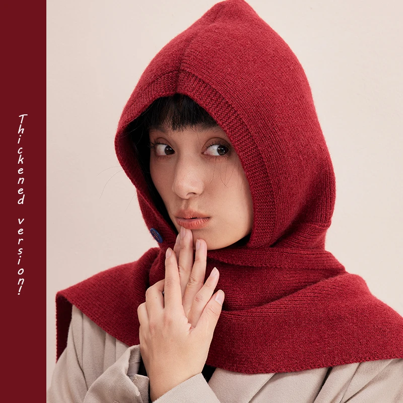 期待雪天~帽子围巾一体加厚骑行保暖针织冬季防风红围巾红色